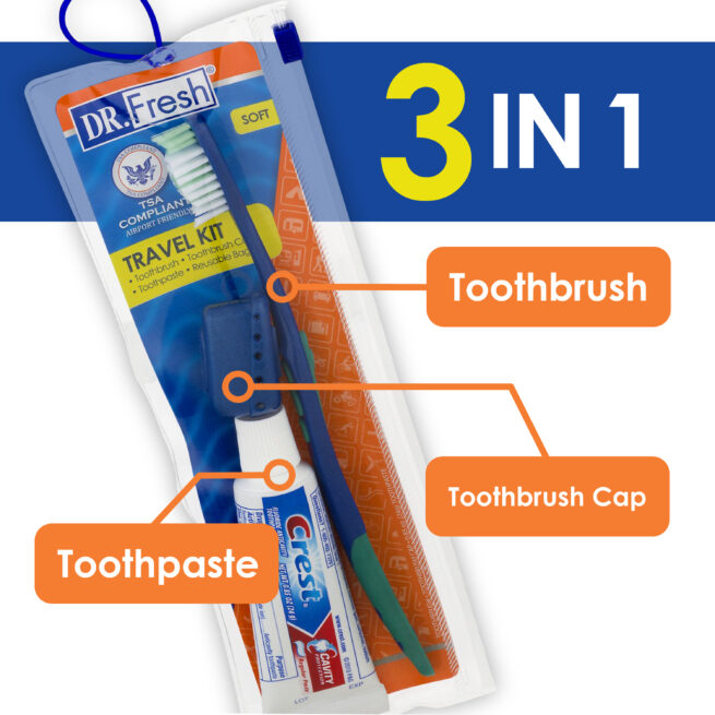 Dr. Fresh Travel Kit Toothbrush Soft/Cap/Crest Toothpaste Tsa Bag 1 Ct