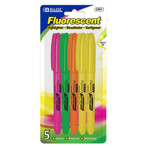 BAZIC Pen Style Fluorescent Highlighters w/ Pocket Clip (5/Pack)