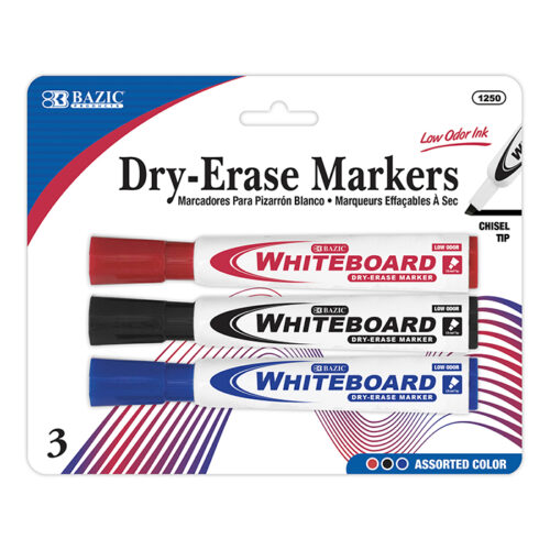 BAZIC Assorted Colors Chisel Tip Dry-Erase Markers (3/Pack)