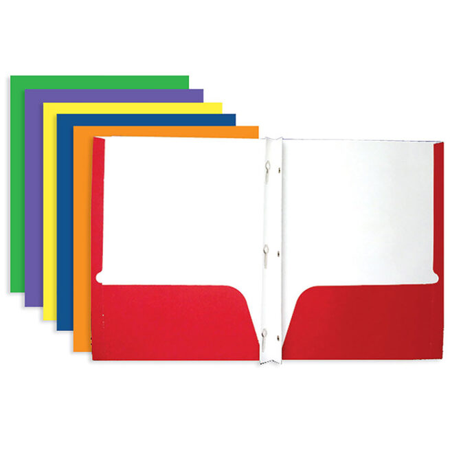 BAZIC Asst. Color 2-Pocket Portfolios w/ 3-Prong Fastener
