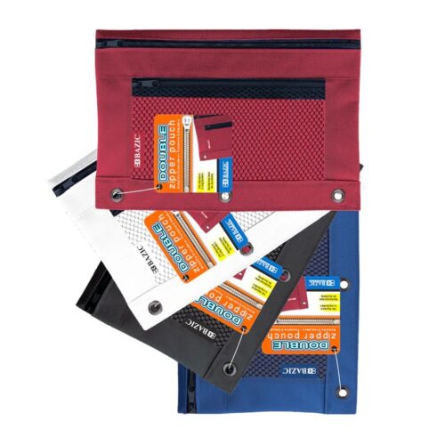 BAZIC Double Zipper 3-Ring Pencil Pouch w/ Mesh Window