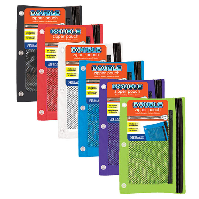 BAZIC Double Zipper 3-Ring Pencil Pouch w/ Mesh Window
